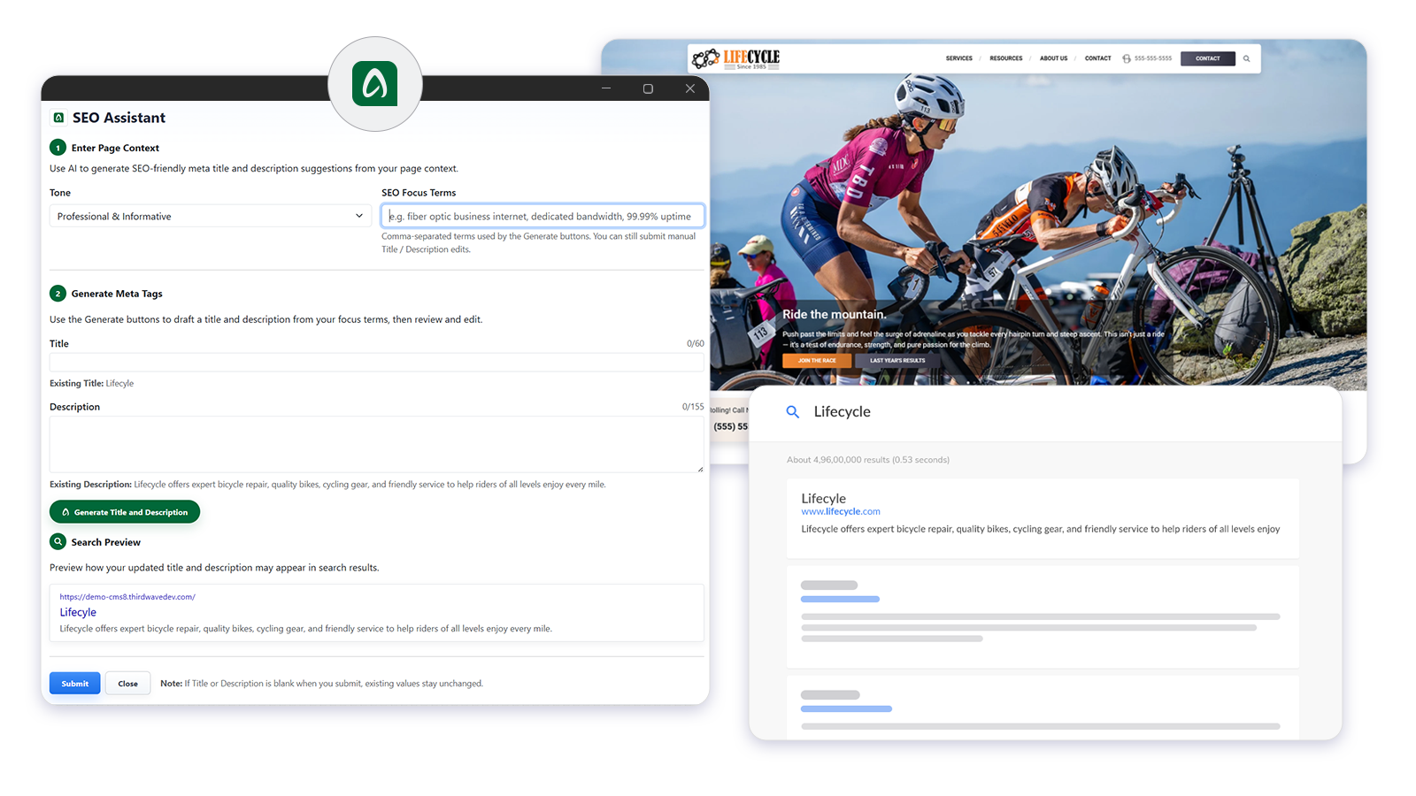 Mobi SEO assistant on Lifecycle website