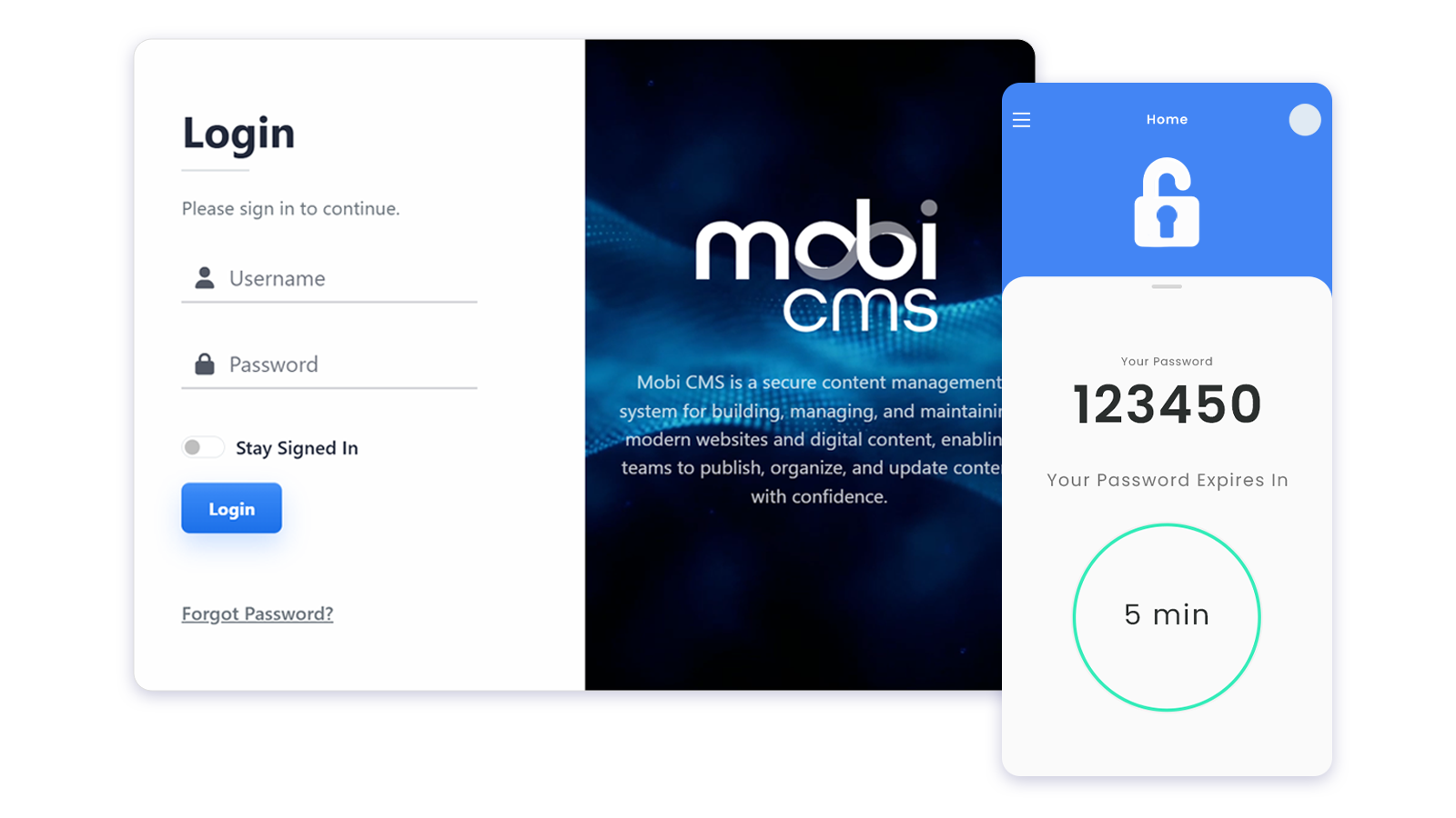 Mobi login screen and 2 factor authentication