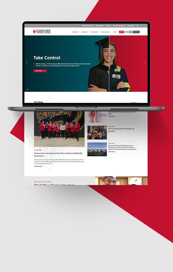 Responsive higher education web design with directory and calendar tool.