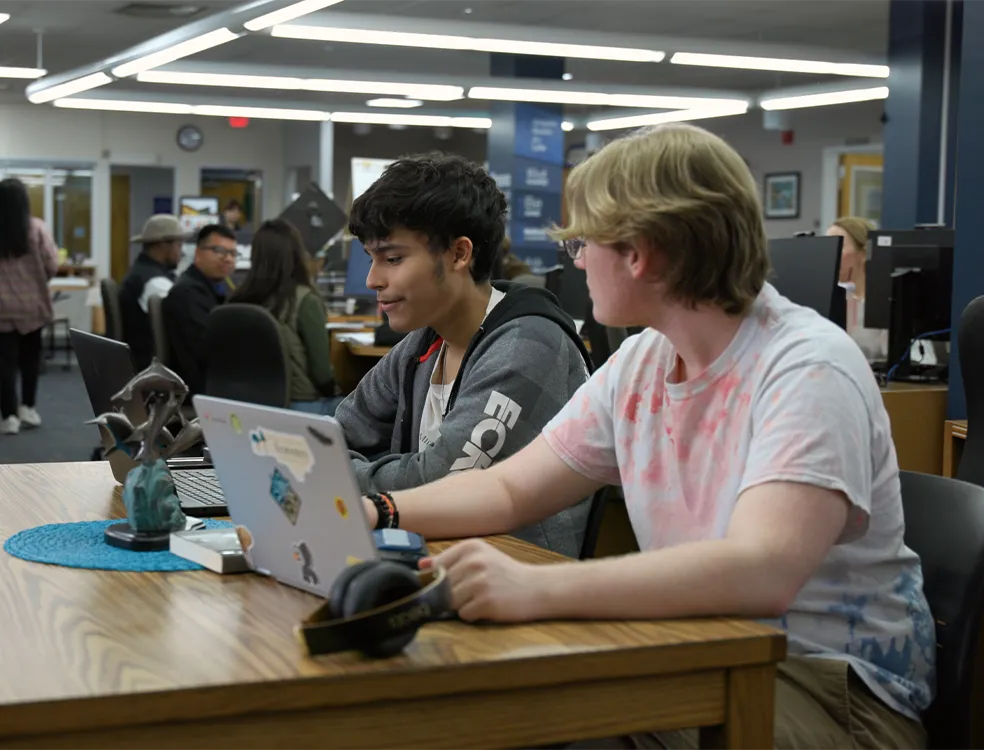 Two students working on laptops in a computer lab